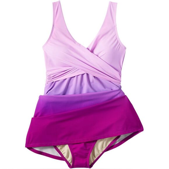 Land's End Slender Suit V Neck Ruched 1 piece Swimsuit Dress blackberry size 10 - Picture 6 of 14